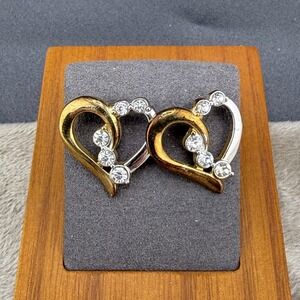 Vintage Heart Pierced Earrings Gold Tone Rhinestone